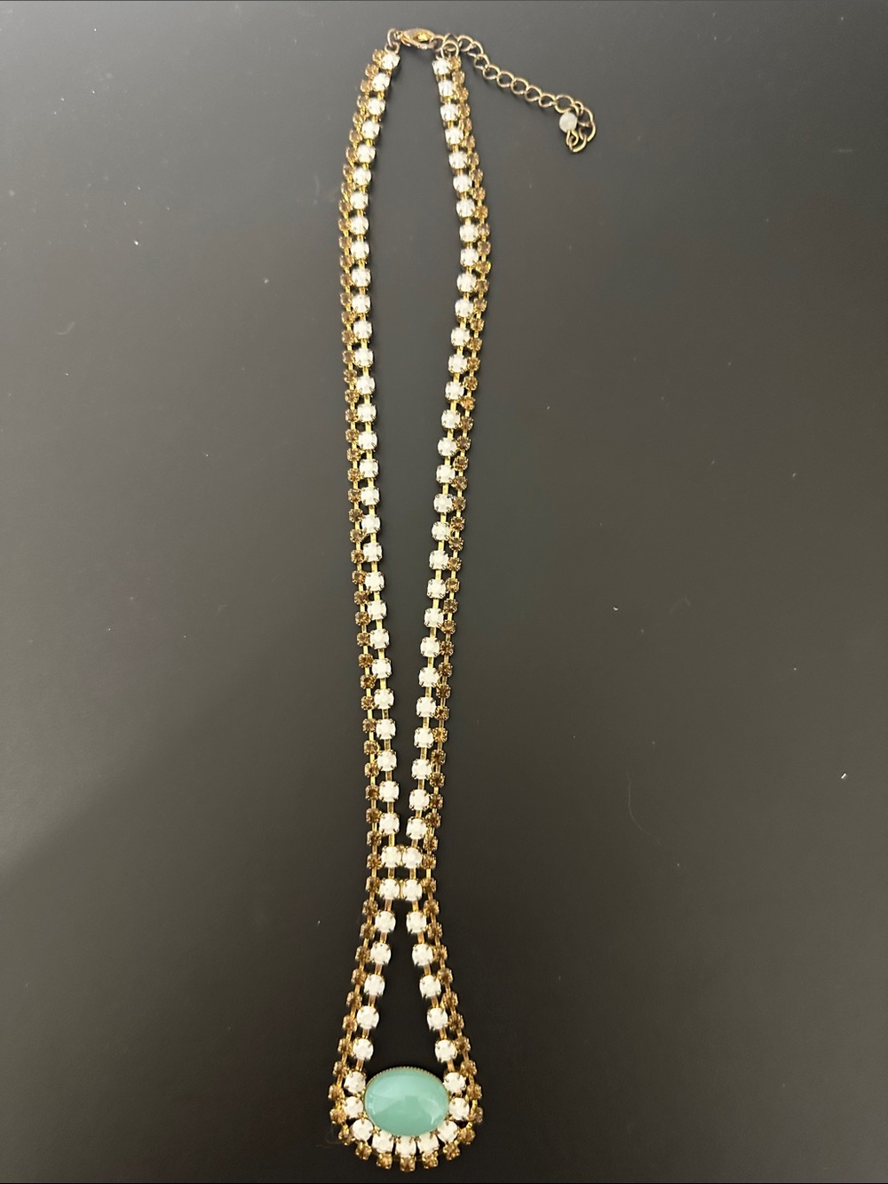 Vintage Gold and White Crystal Necklace with Teal Green Pendant